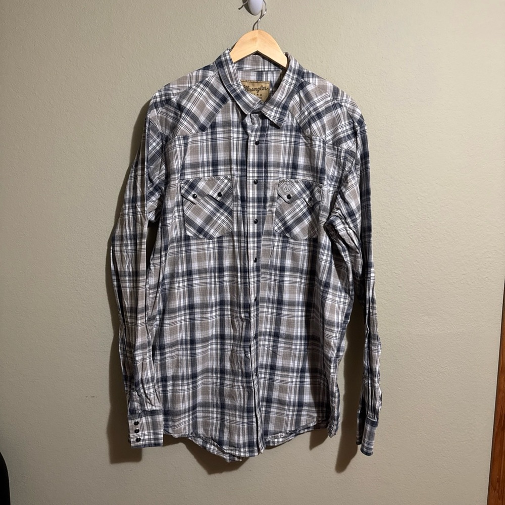 Wrangler Retro Shirt Mens XXL Tall Blue Tan  Plaid Pearl Snaps Western Rodeo